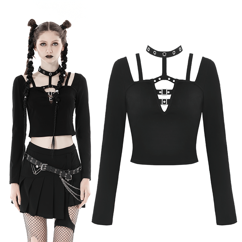 Gothic Black Crop Top with Metal Accents And Long Sleeves