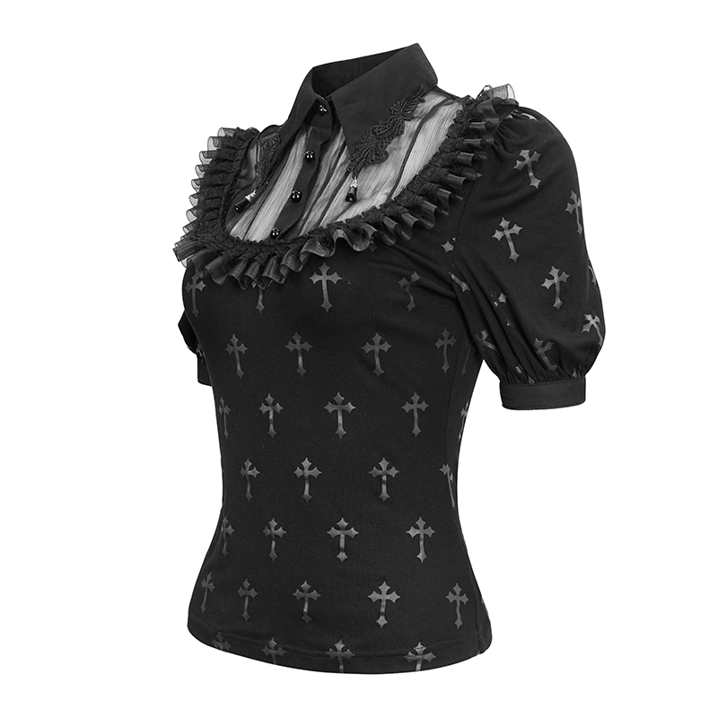 Gothic Black Cross Pattern Short Sleeves Blouse / Women's Turn Down Collar With Lace Trim Blouses