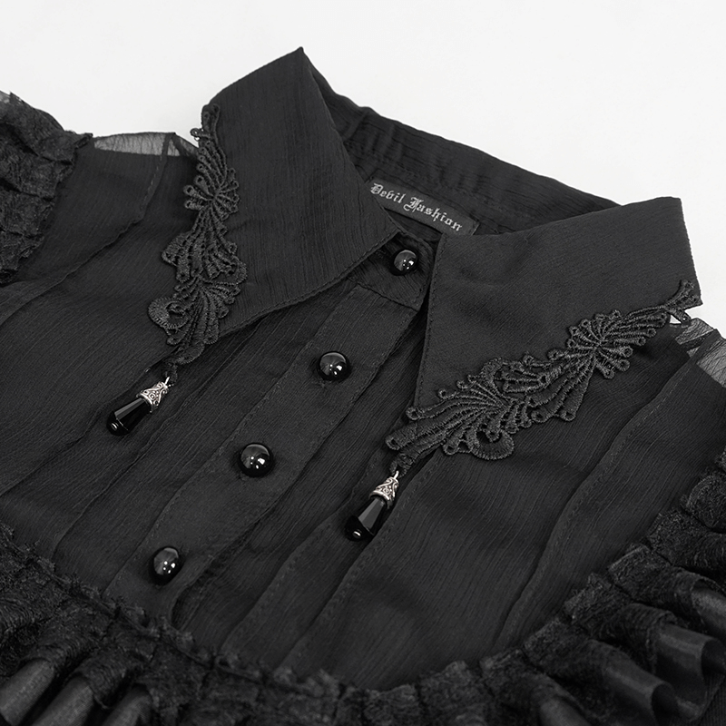 Gothic Black Cross Pattern Short Sleeves Blouse / Women's Turn Down Collar With Lace Trim Blouses