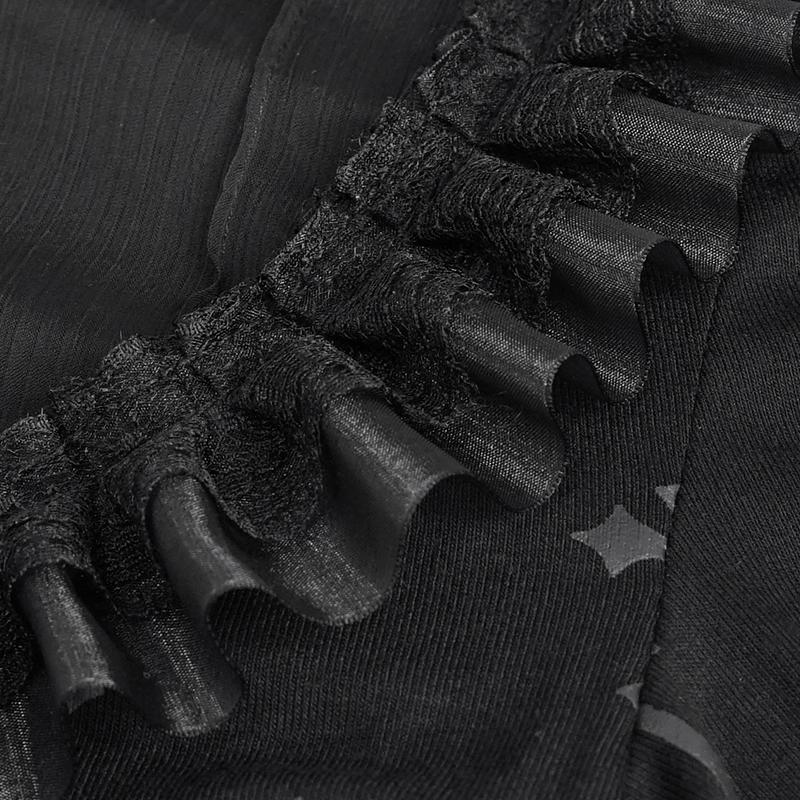 Gothic Black Cross Pattern Short Sleeves Blouse / Women's Turn Down Collar With Lace Trim Blouses