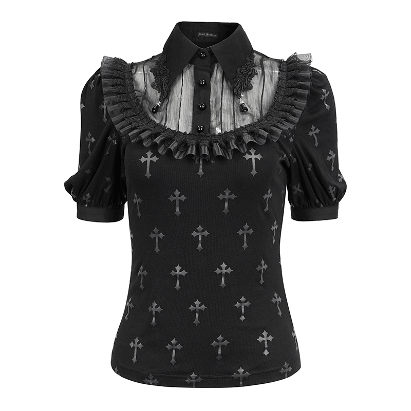 Gothic Black Cross Pattern Short Sleeves Blouse / Women's Turn Down Collar With Lace Trim Blouses