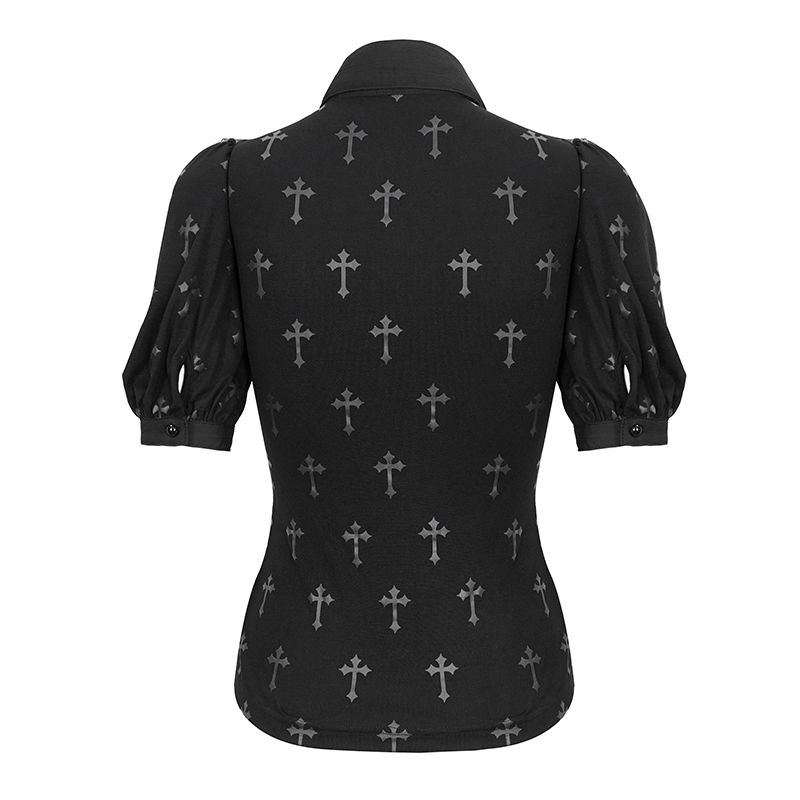 Gothic Black Cross Pattern Short Sleeves Blouse / Women's Turn Down Collar With Lace Trim Blouses