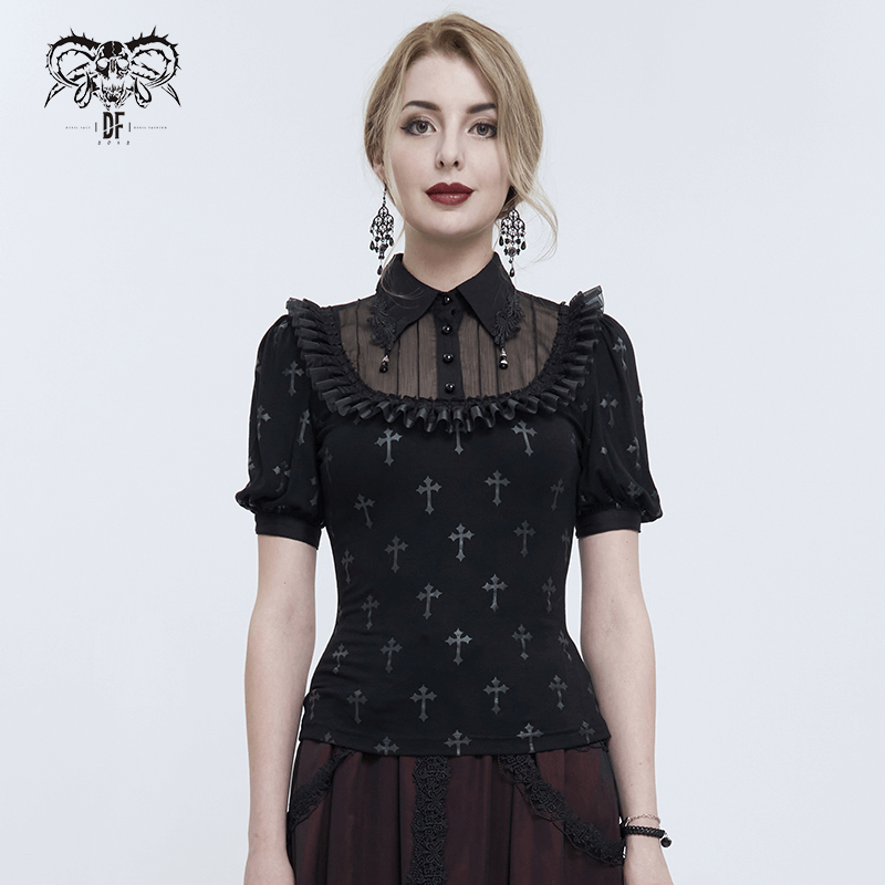 Gothic Black Cross Pattern Short Sleeves Blouse / Women's Turn Down Collar With Lace Trim Blouses