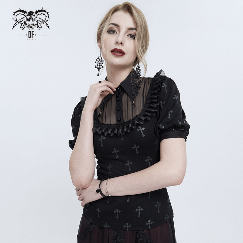 Gothic Black Cross Pattern Short Sleeves Blouse / Women's Turn Down Collar With Lace Trim Blouses