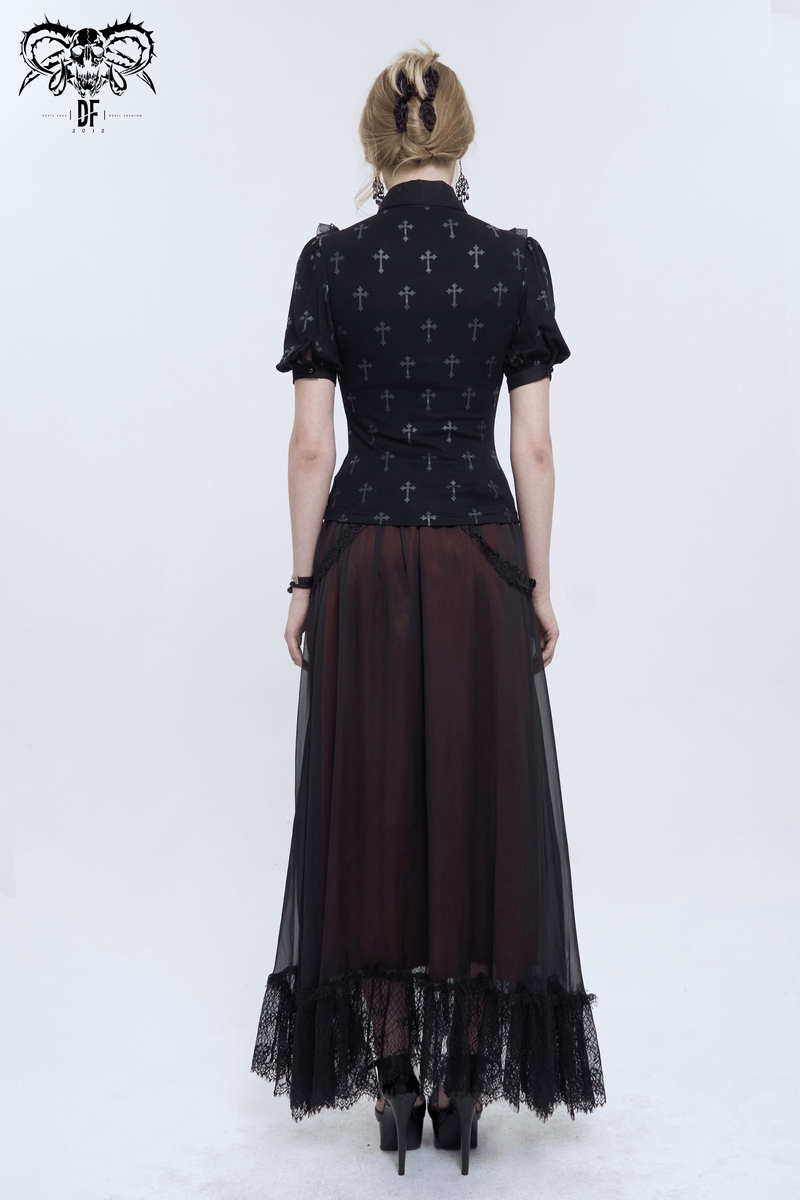 Gothic Black Cross Pattern Short Sleeves Blouse / Women's Turn Down Collar With Lace Trim Blouses