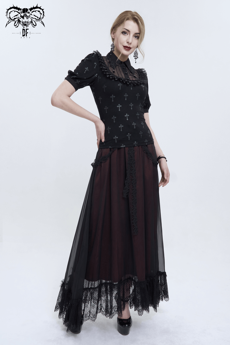 Gothic Black Cross Pattern Short Sleeves Blouse / Women's Turn Down Collar With Lace Trim Blouses