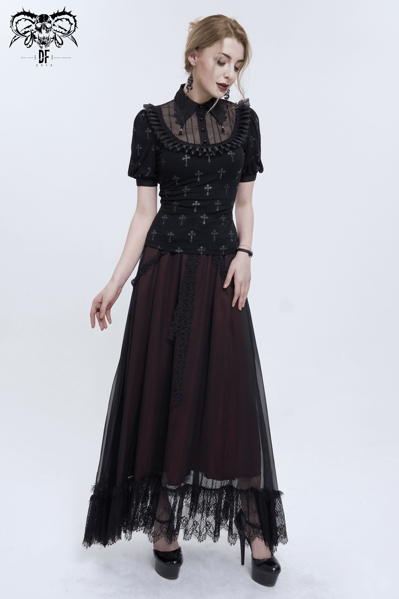 Gothic Black Cross Pattern Short Sleeves Blouse / Women's Turn Down Collar With Lace Trim Blouses