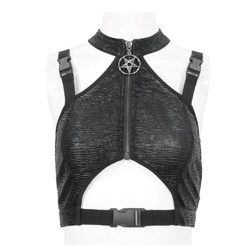 Gothic Black Cutout Crop Top with Buckle / Sexy Women's Zipper Short Tops