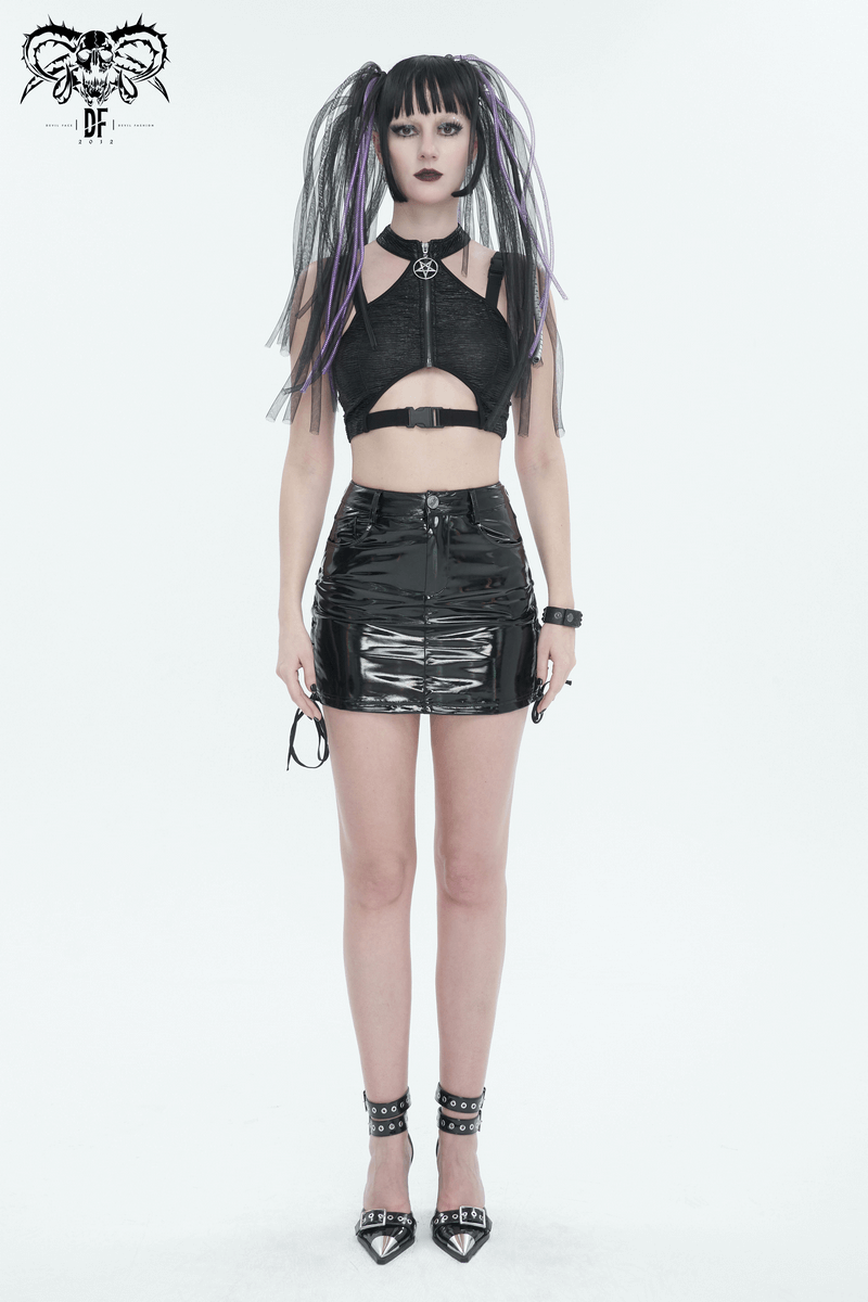 Gothic Black Cutout Crop Top with Buckle / Sexy Women's Zipper Short Tops
