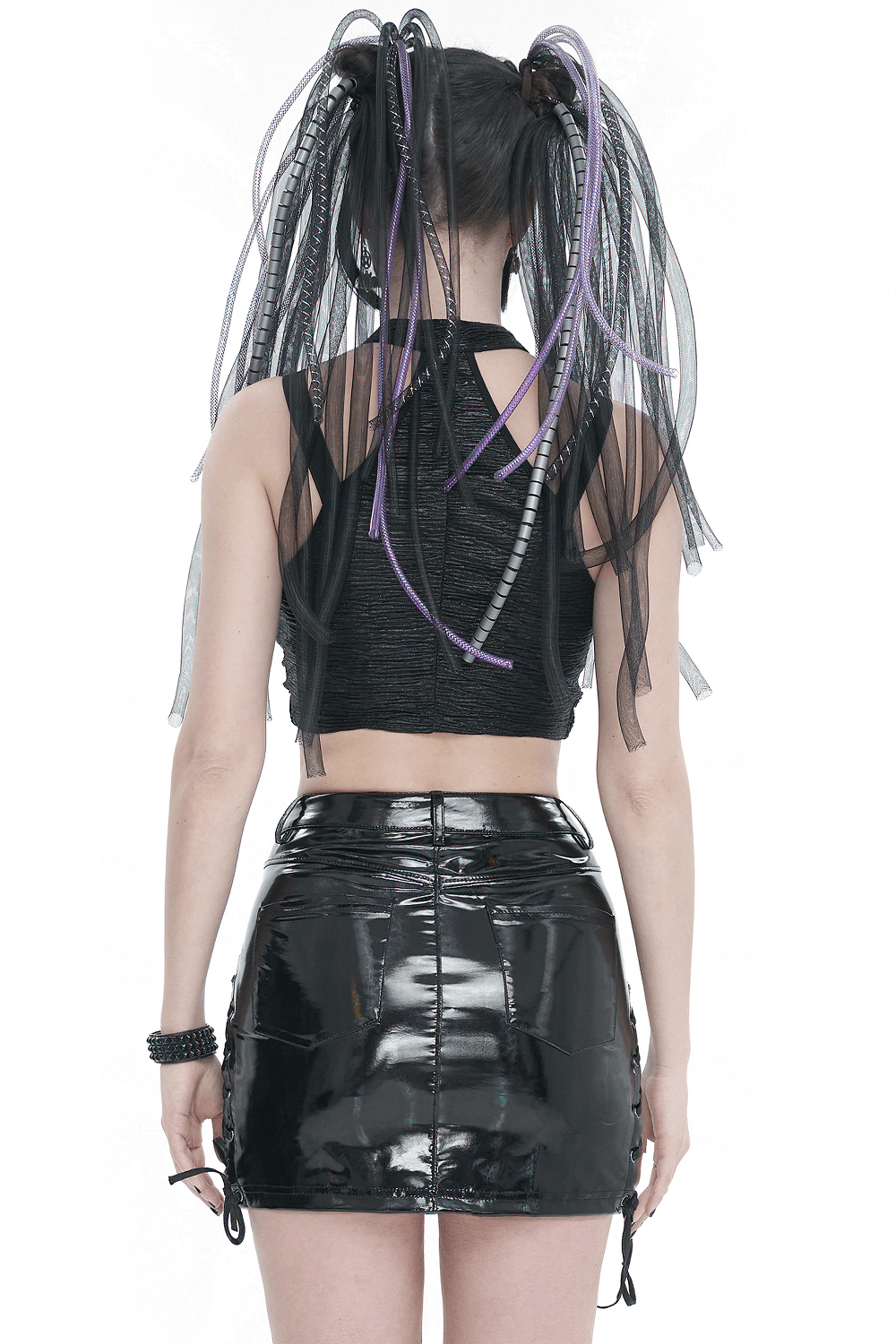 Gothic Black Cutout Crop Top with Buckle / Sexy Women's Zipper Short Tops
