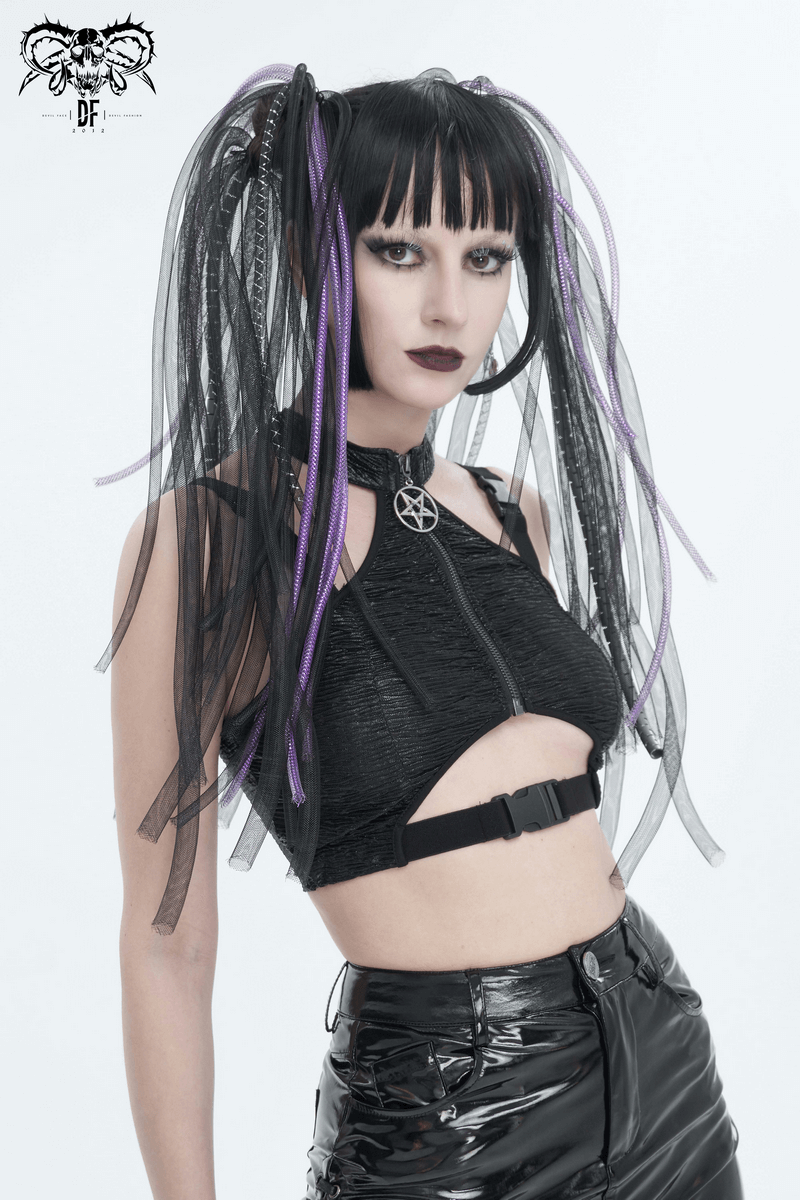 Gothic Black Cutout Crop Top with Buckle / Sexy Women's Zipper Short Tops