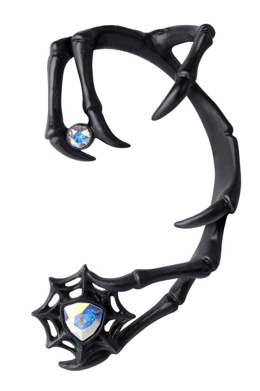 Gothic Black Earwrap with Swarovski Crystal and Spider Web
