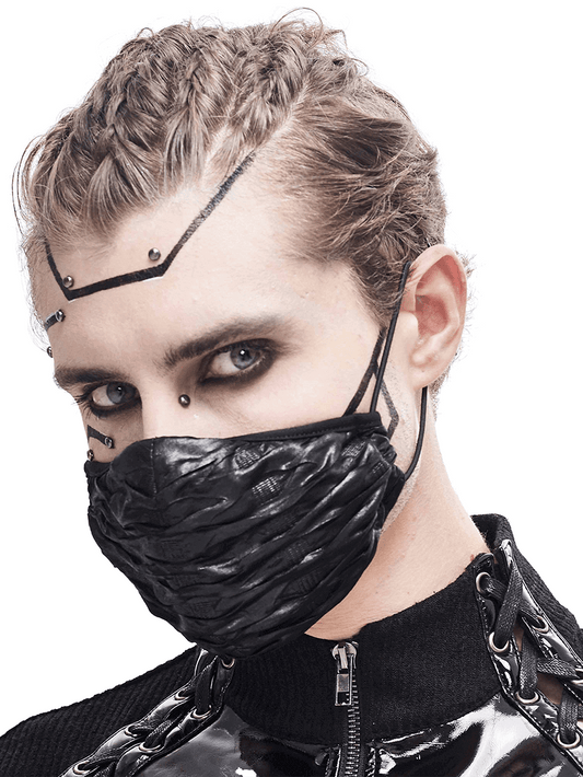Gothic Black Face Mask with Adjustable Cord / Cyberpunk Unisex Wrinkled Effect Mask