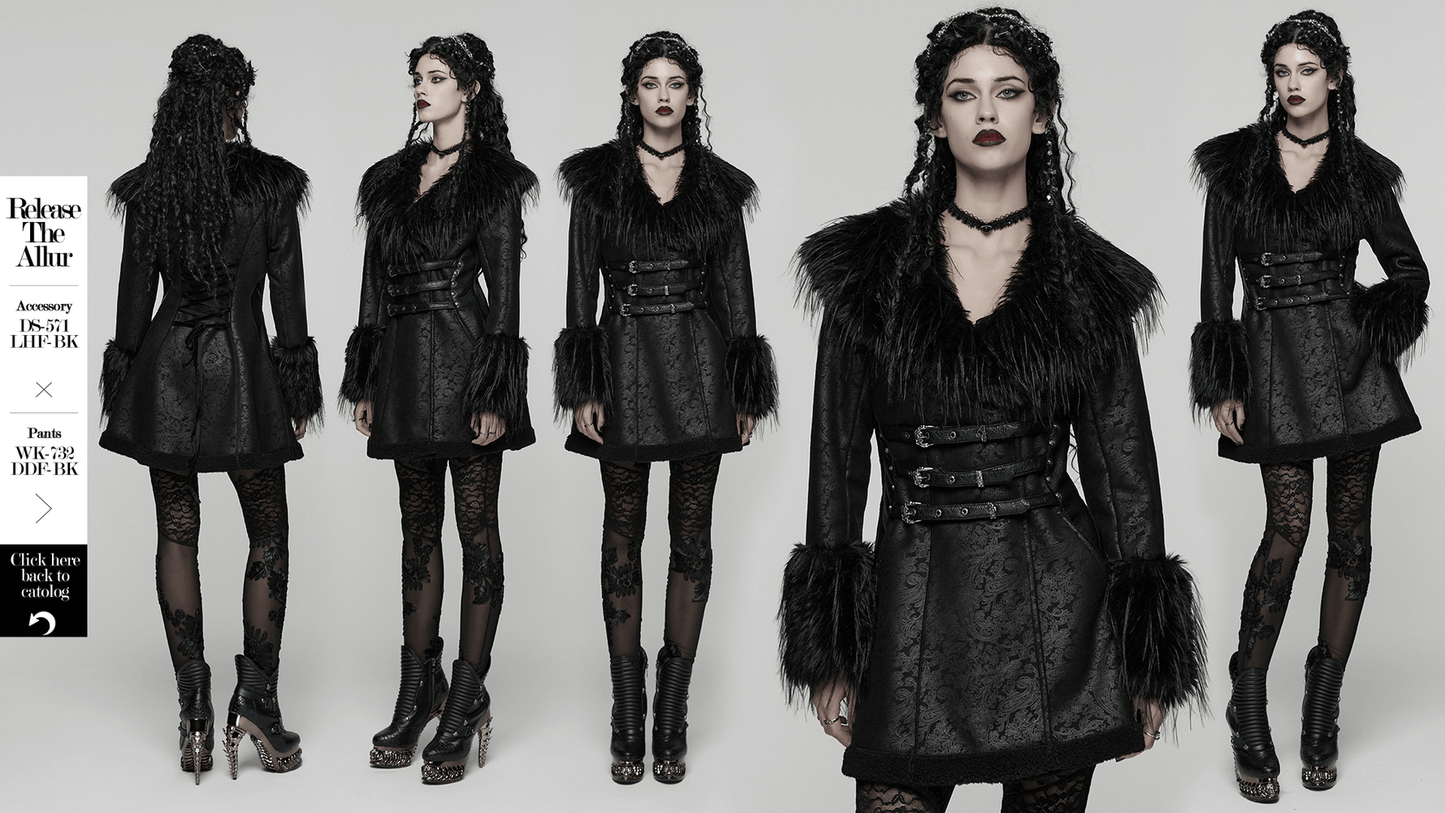 Gothic Black Faux Fur Coat with Belt and Lace-Up Back