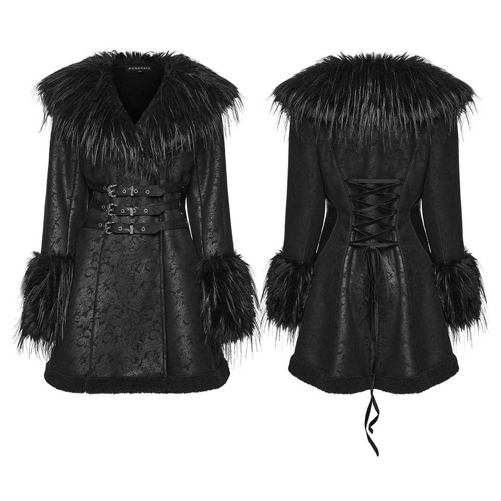 Gothic Black Faux Fur Coat with Belt and Lace-Up Back