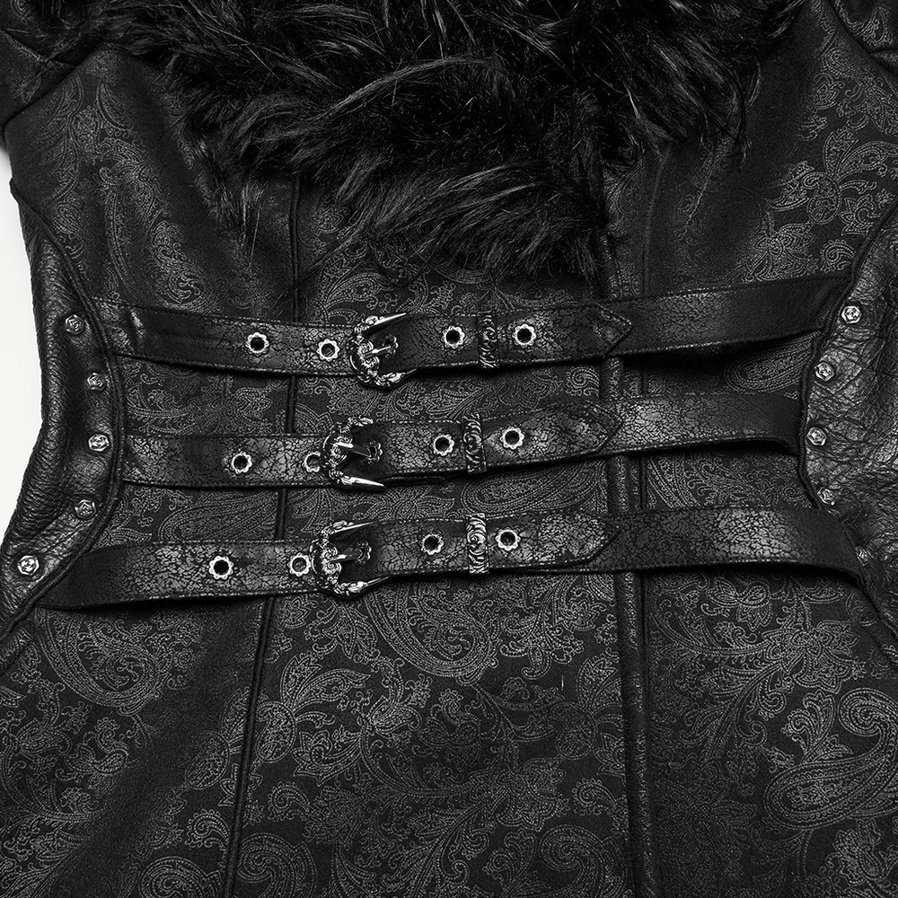 Gothic Black Faux Fur Coat with Belt and Lace-Up Back