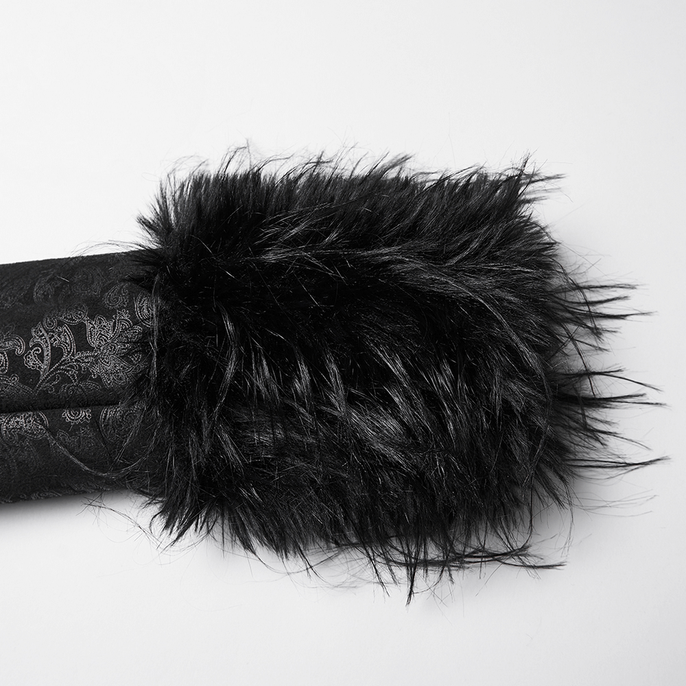 Gothic Black Faux Fur Coat with Belt and Lace-Up Back