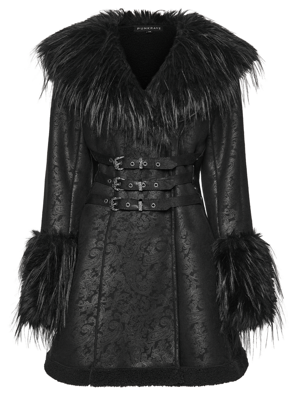 Gothic Black Faux Fur Coat with Belt and Lace-Up Back