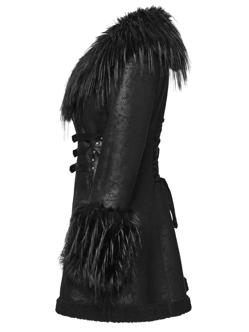 Gothic Black Faux Fur Coat with Belt and Lace-Up Back