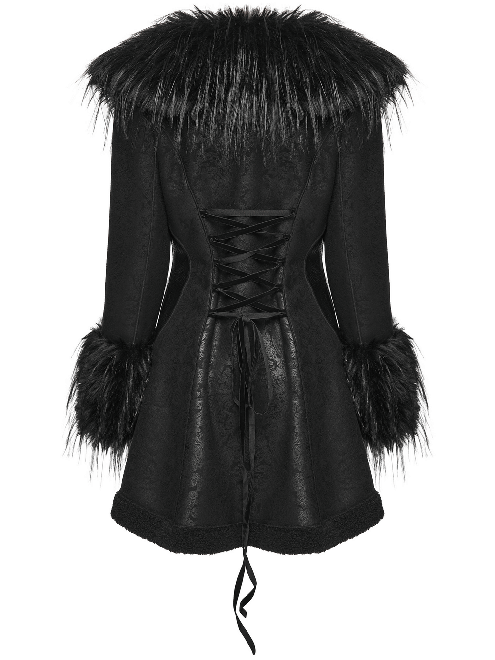 Gothic Black Faux Fur Coat with Belt and Lace-Up Back