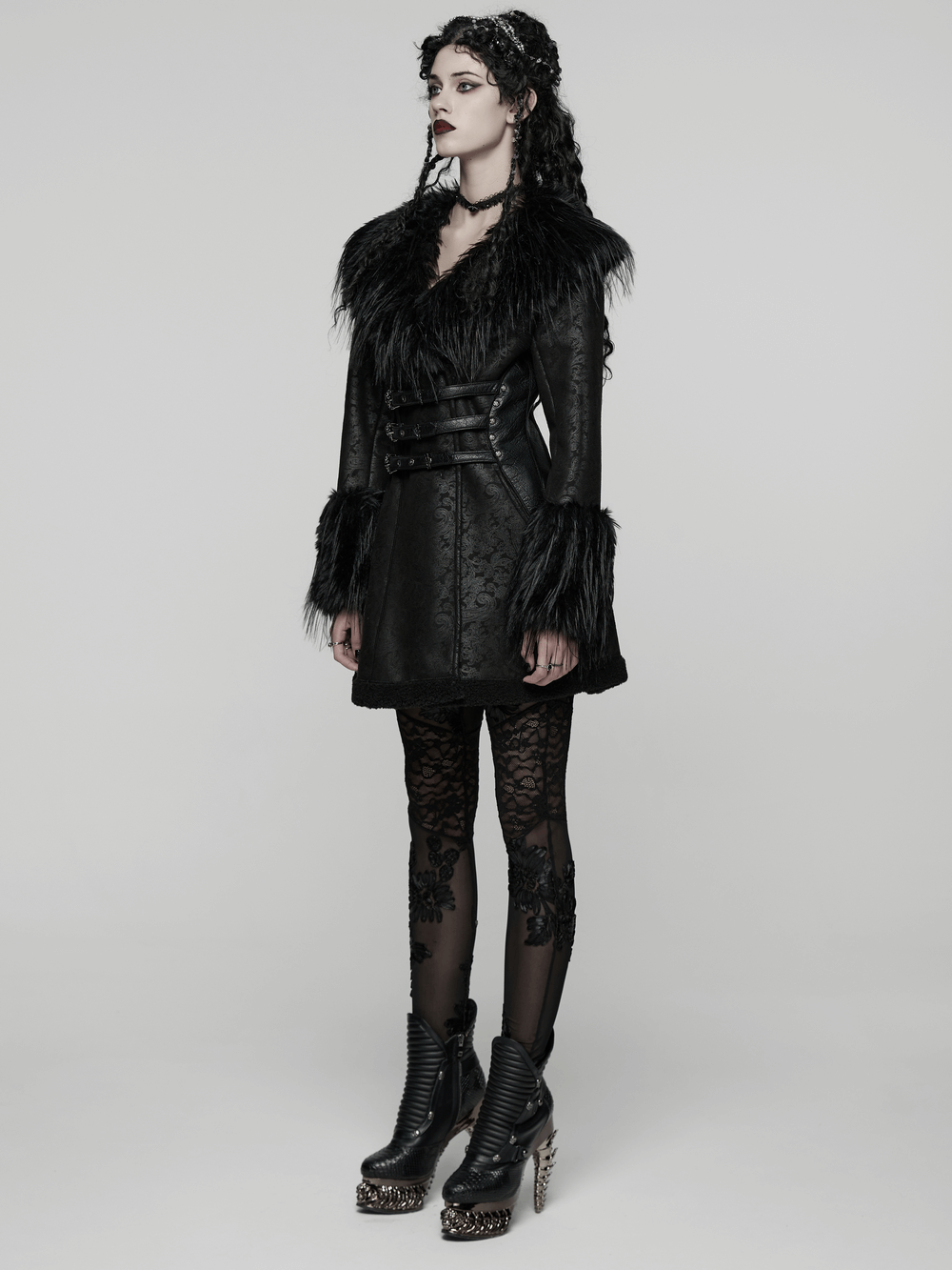 Gothic Black Faux Fur Coat with Belt and Lace-Up Back