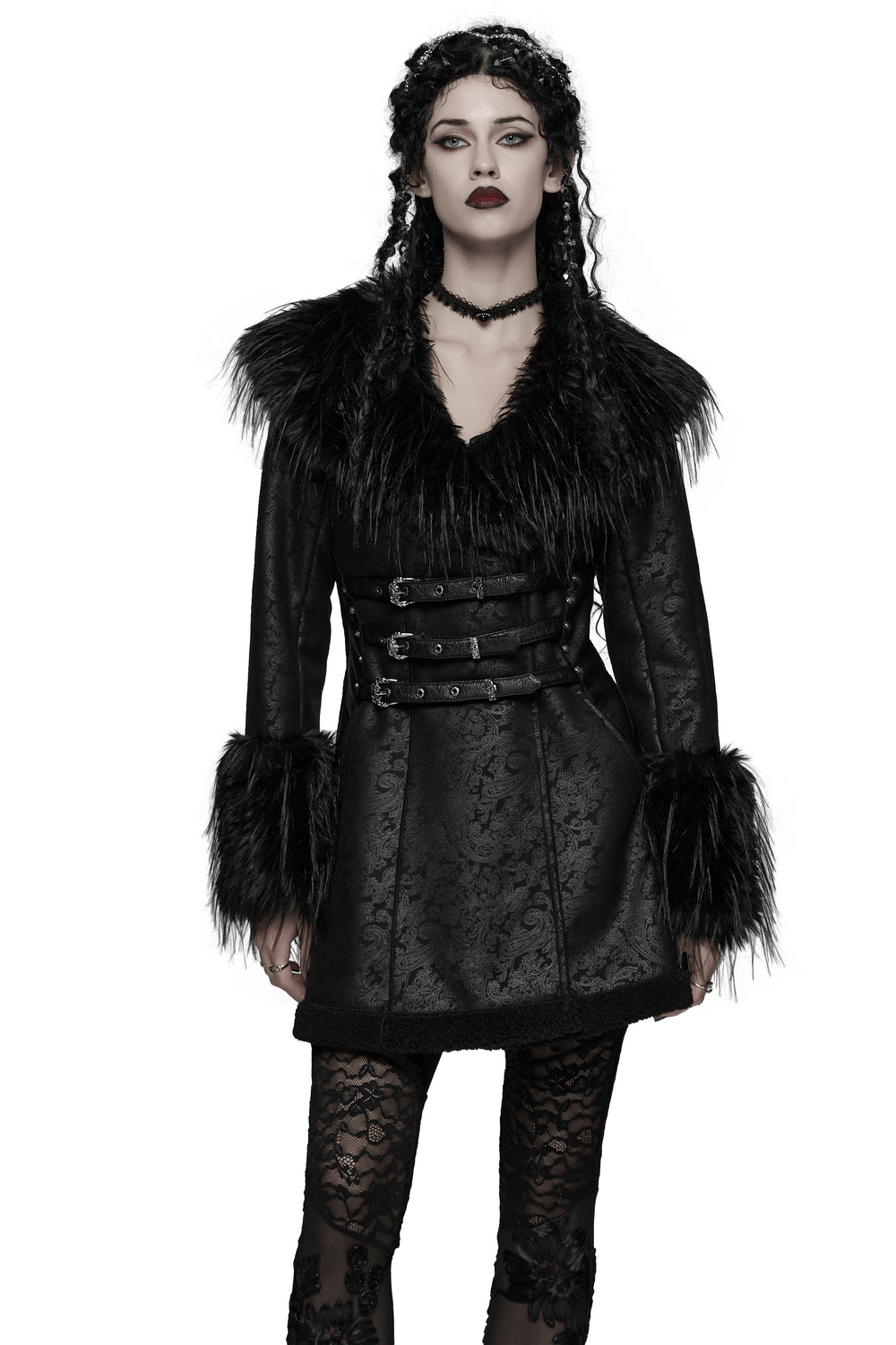 Gothic Black Faux Fur Coat with Belt and Lace-Up Back