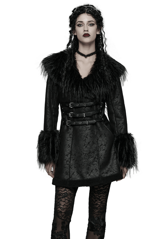 Gothic Black Faux Fur Coat with Belt and Lace-Up Back
