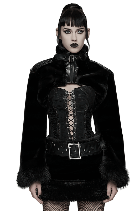 Gothic Black Faux Fur Shrug Jacket with Studded Details