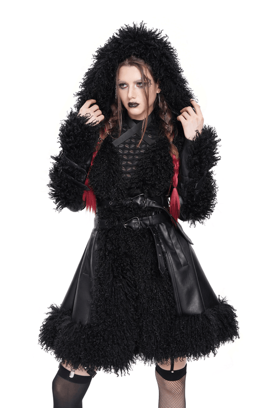 Gothic Black Faux Leather Hooded Coat with Fur Trim