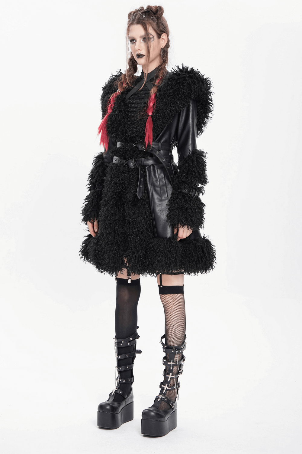 Gothic Black Faux Leather Hooded Coat with Fur Trim