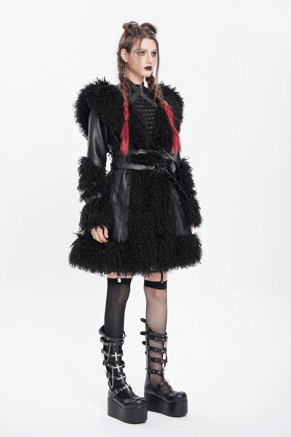 Gothic Black Faux Leather Hooded Coat with Fur Trim