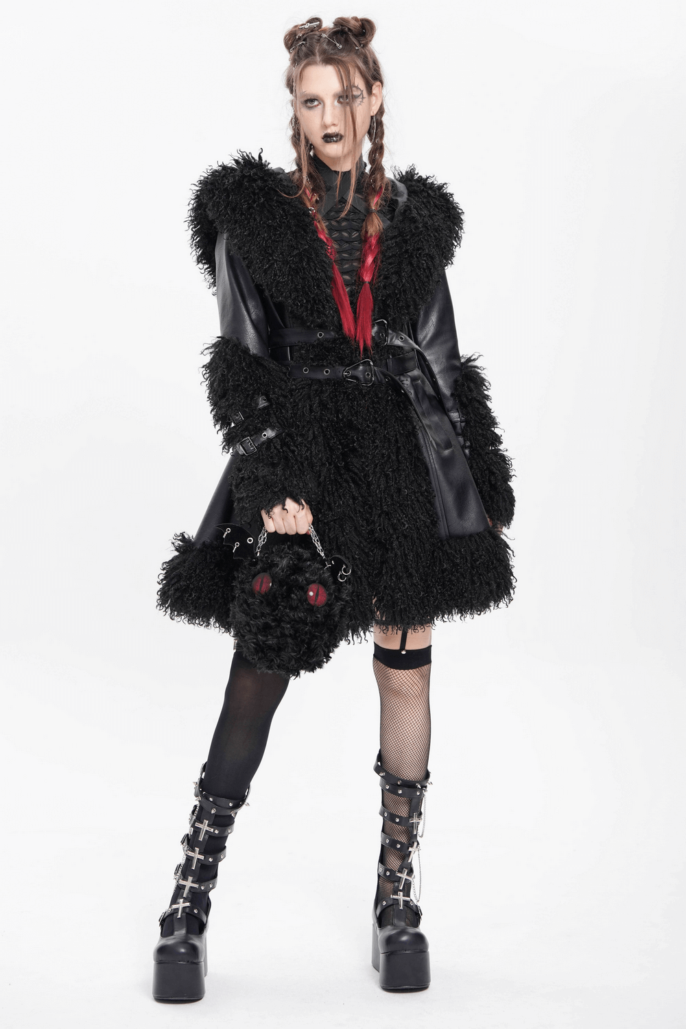 Gothic Black Faux Leather Hooded Coat with Fur Trim