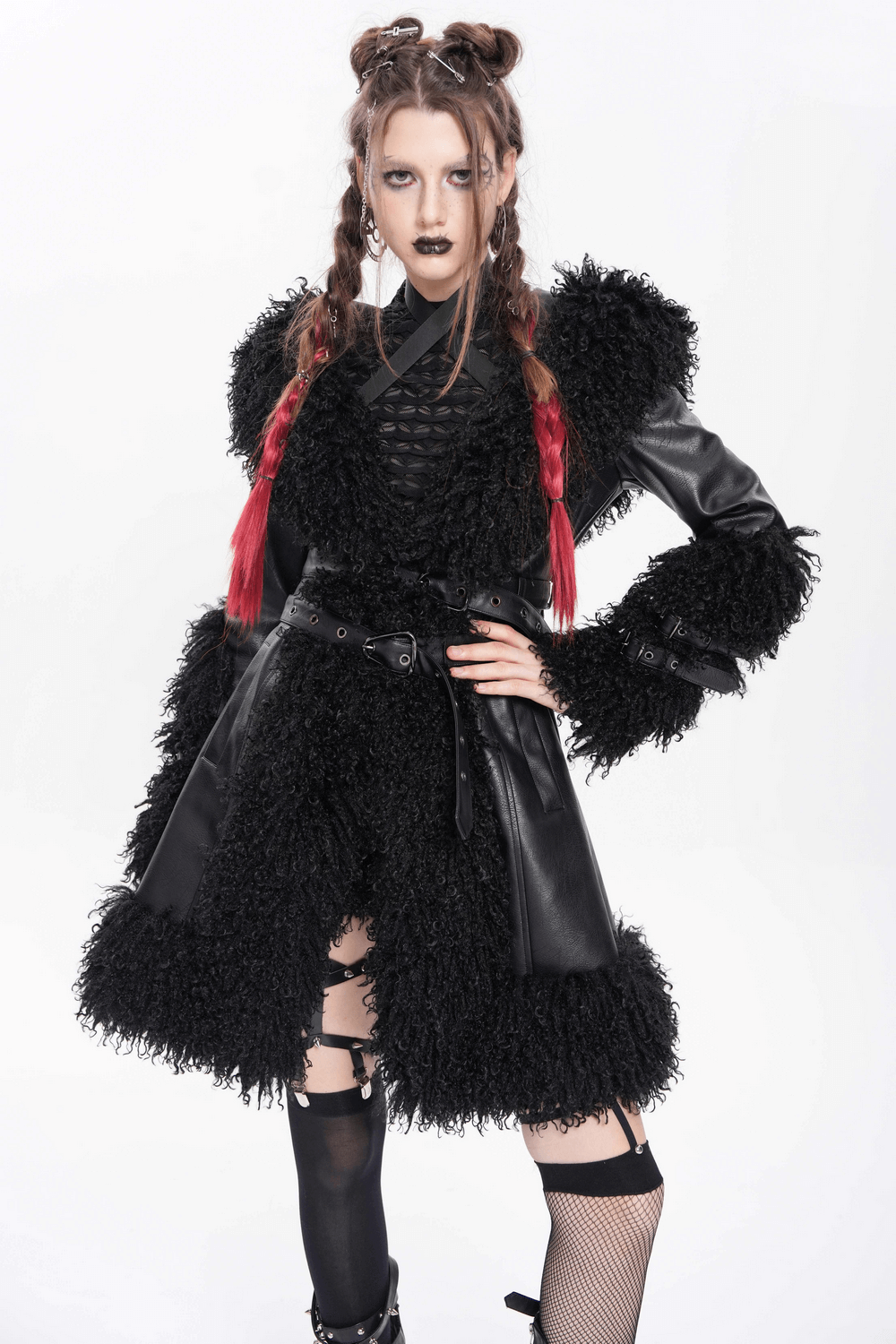 Gothic Black Faux Leather Hooded Coat with Fur Trim