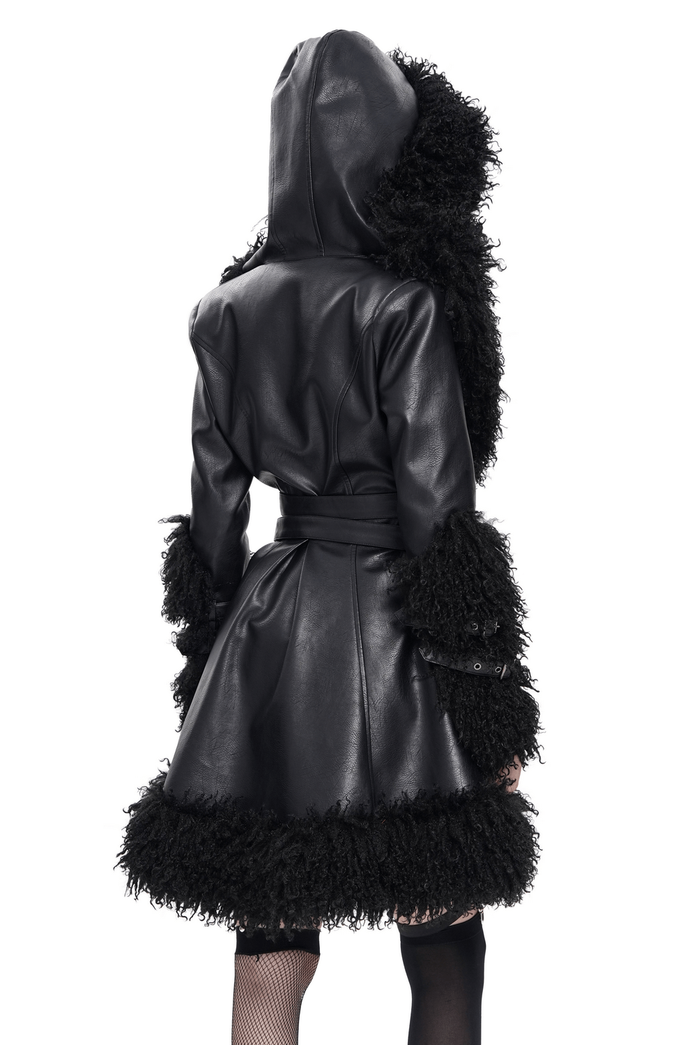 Gothic Black Faux Leather Hooded Coat with Fur Trim