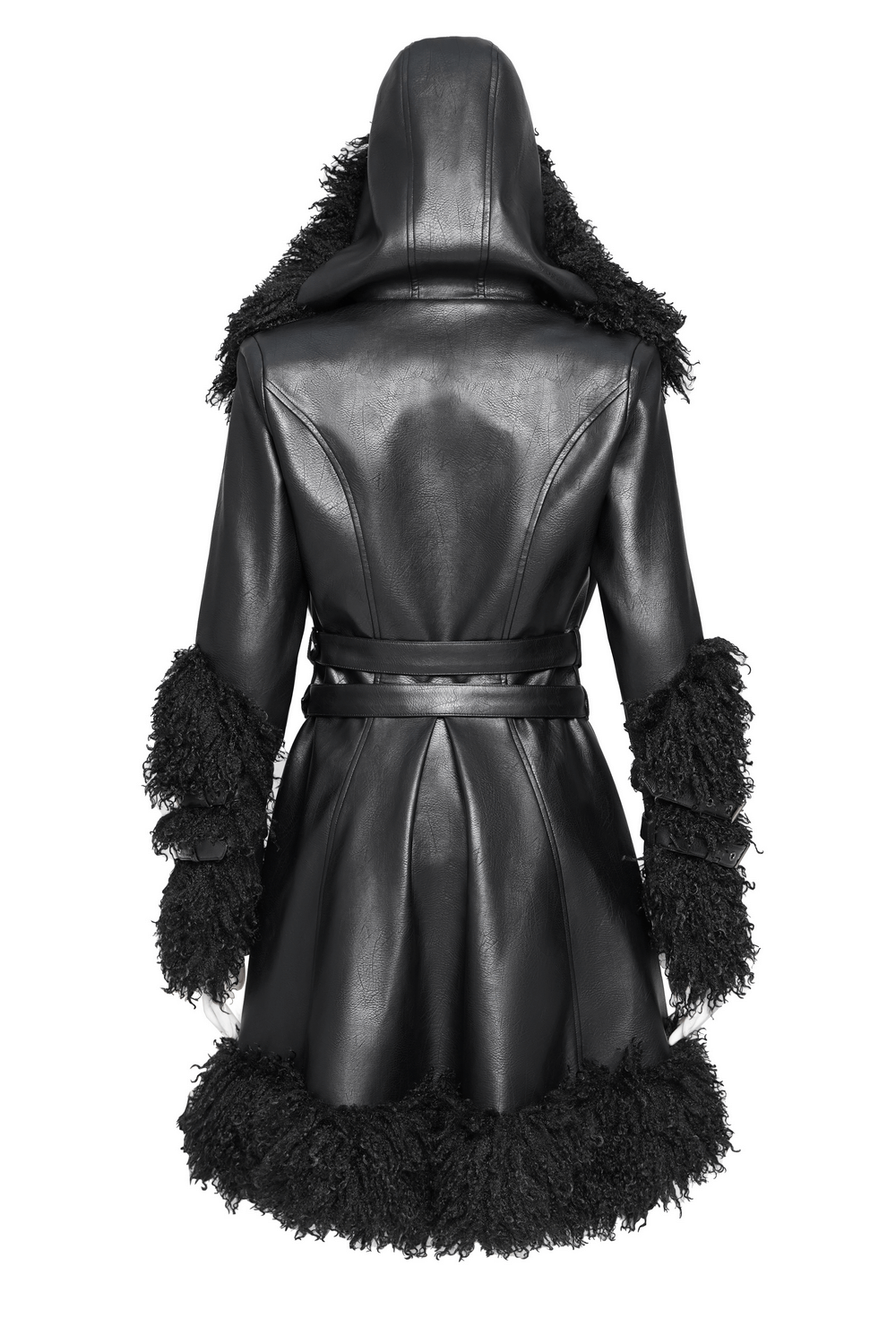 Gothic Black Faux Leather Hooded Coat with Fur Trim