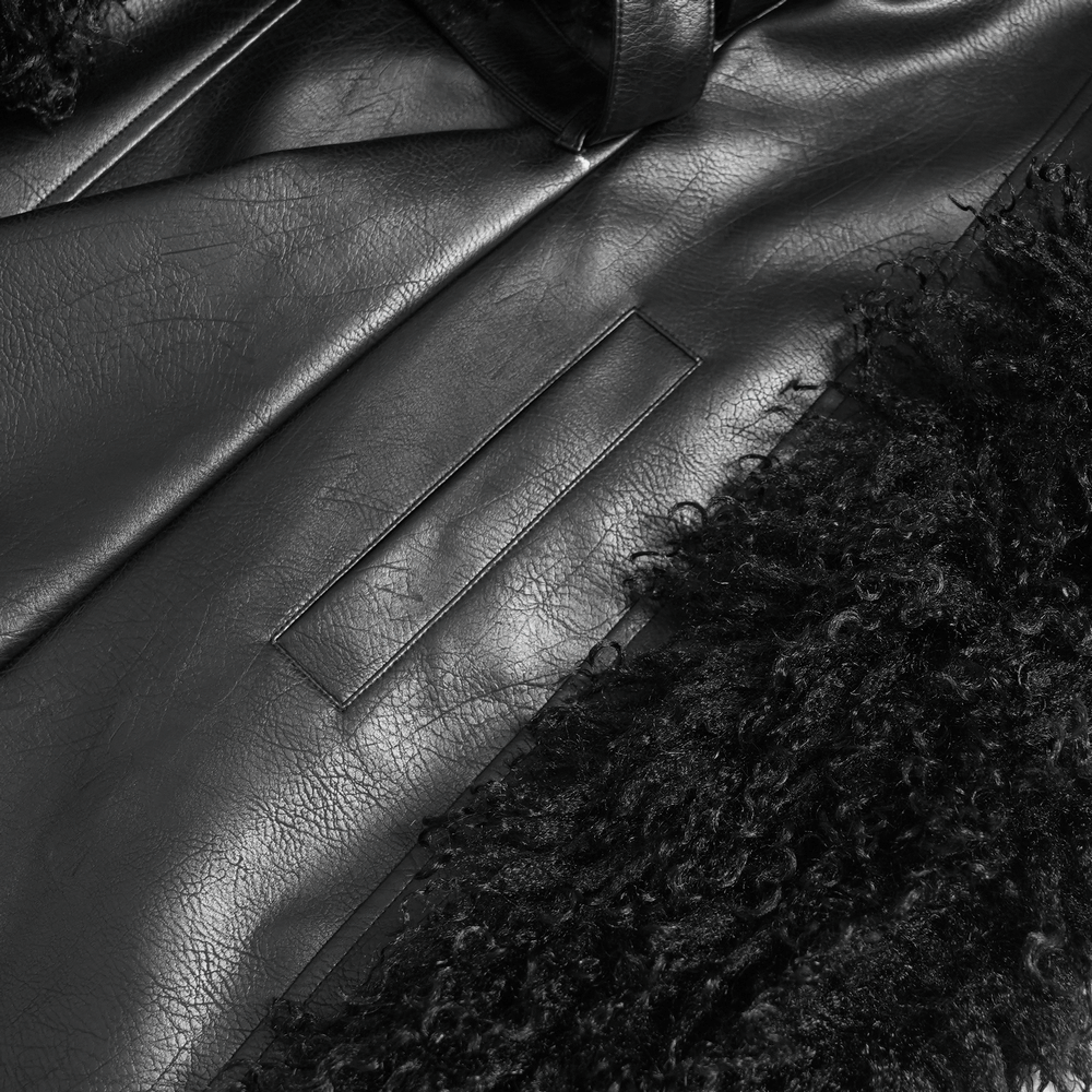 Gothic Black Faux Leather Hooded Coat with Fur Trim