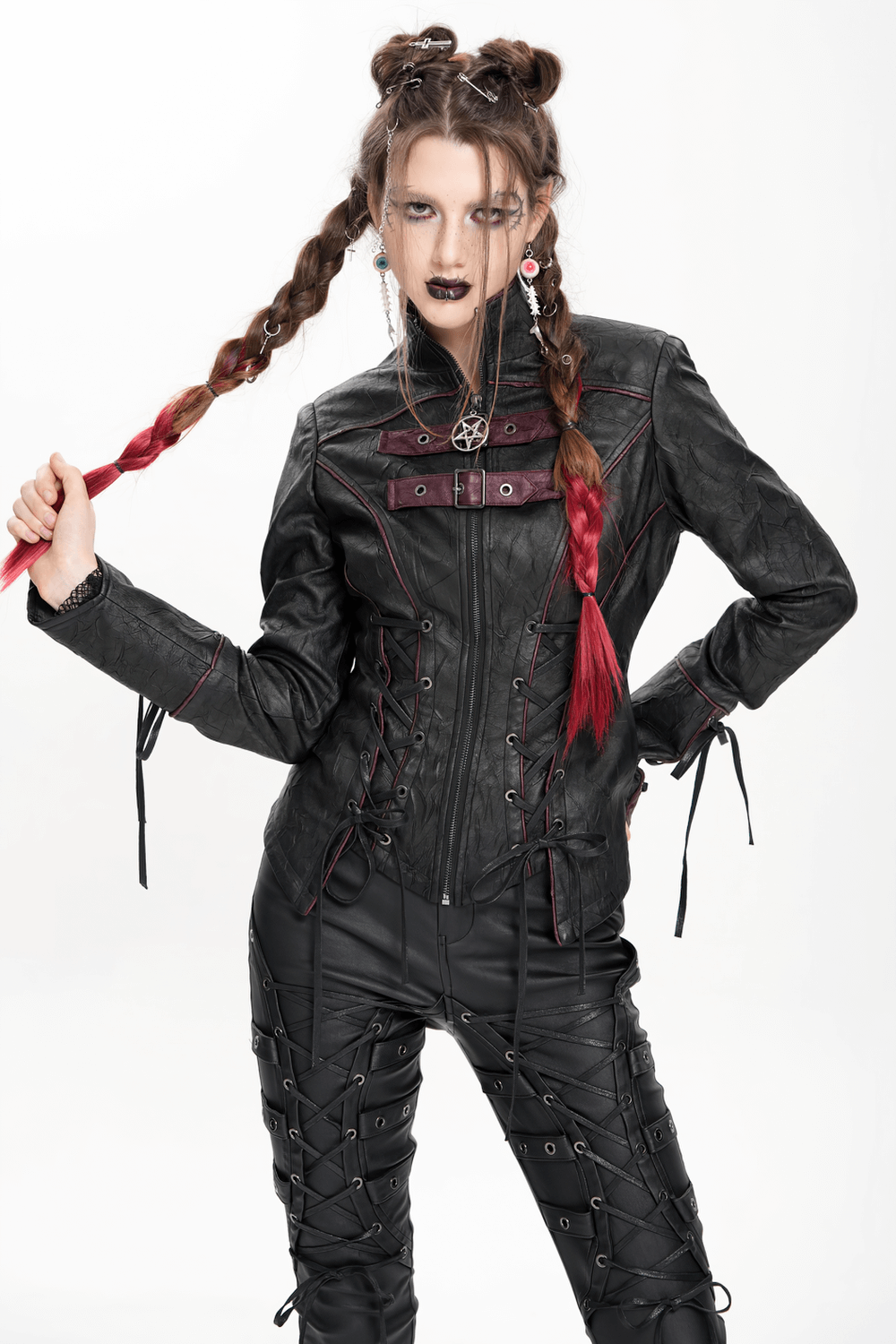 Gothic Black Faux Leather Jacket with Buckles and Lacing