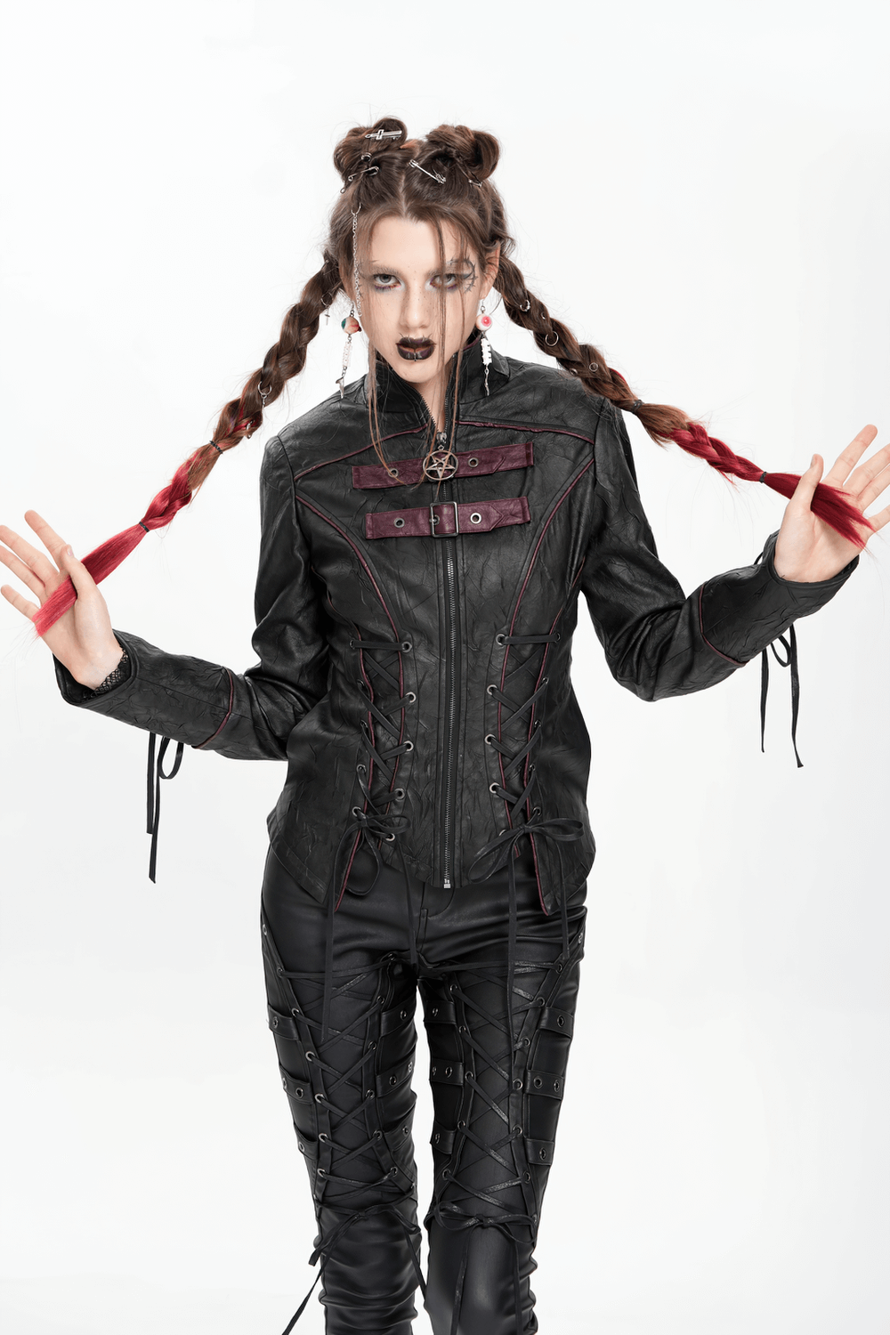 Gothic Black Faux Leather Jacket with Buckles and Lacing
