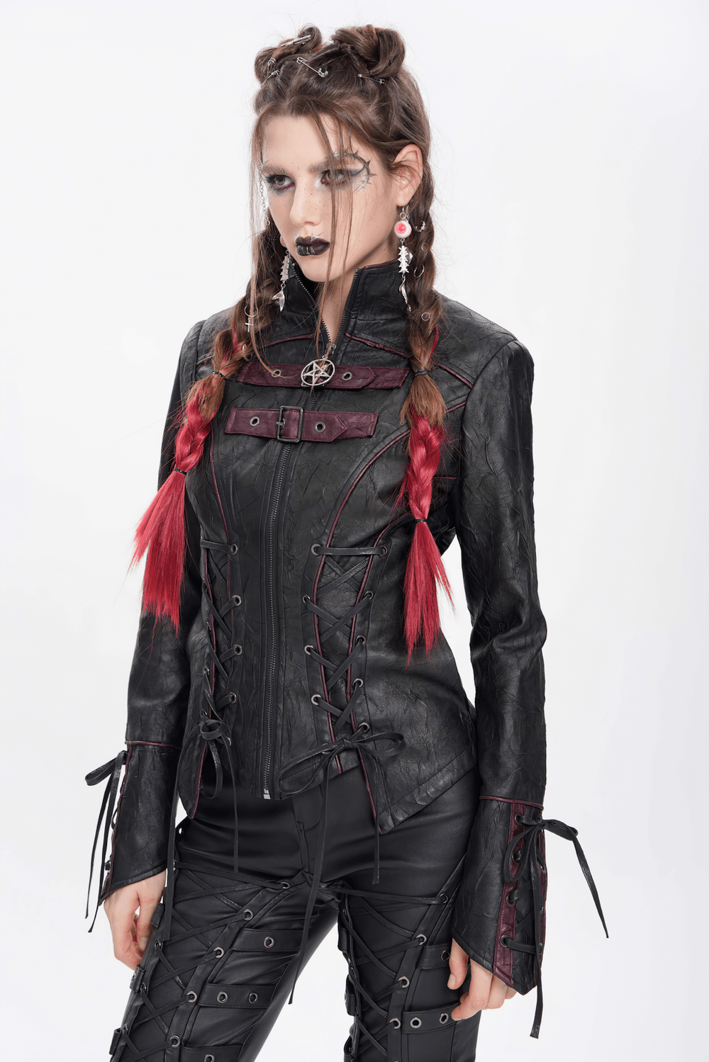 Gothic Black Faux Leather Jacket with Buckles and Lacing