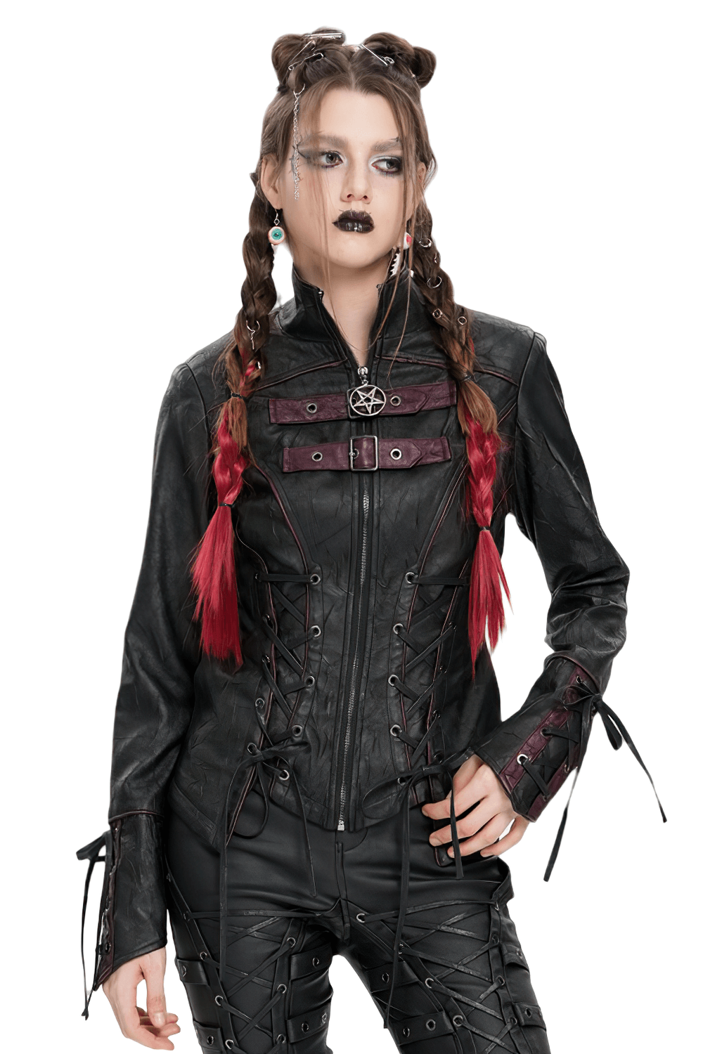 Gothic Black Faux Leather Jacket with Buckles and Lacing