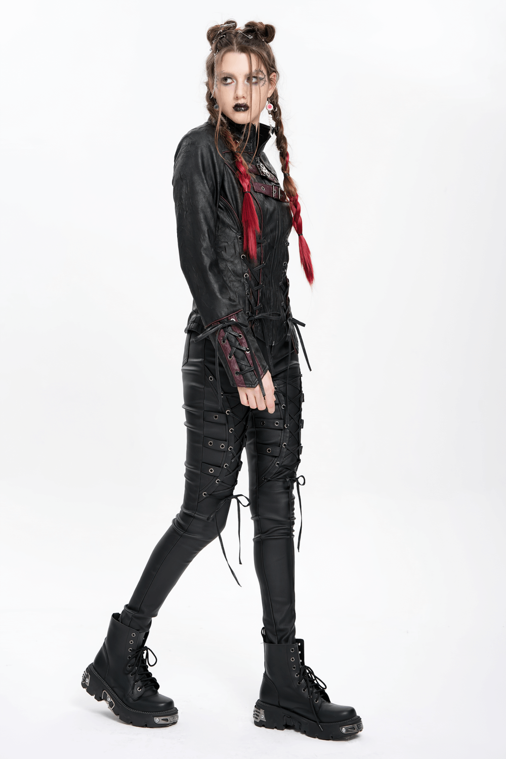 Gothic Black Faux Leather Jacket with Buckles and Lacing