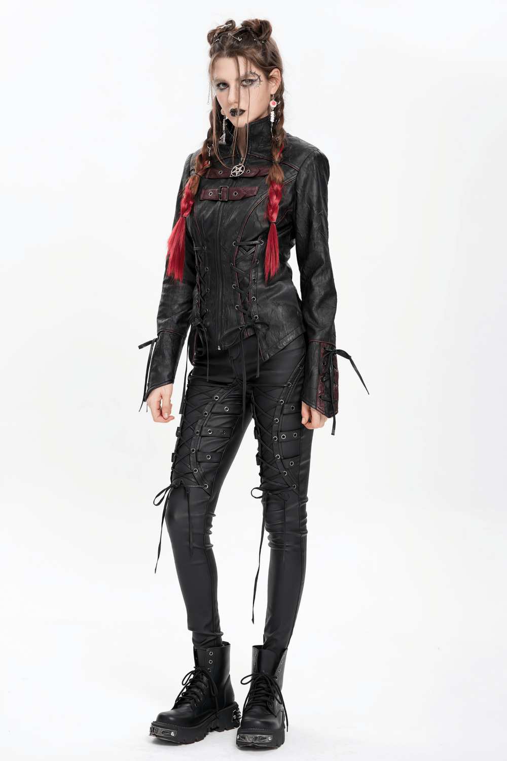 Gothic Black Faux Leather Jacket with Buckles and Lacing