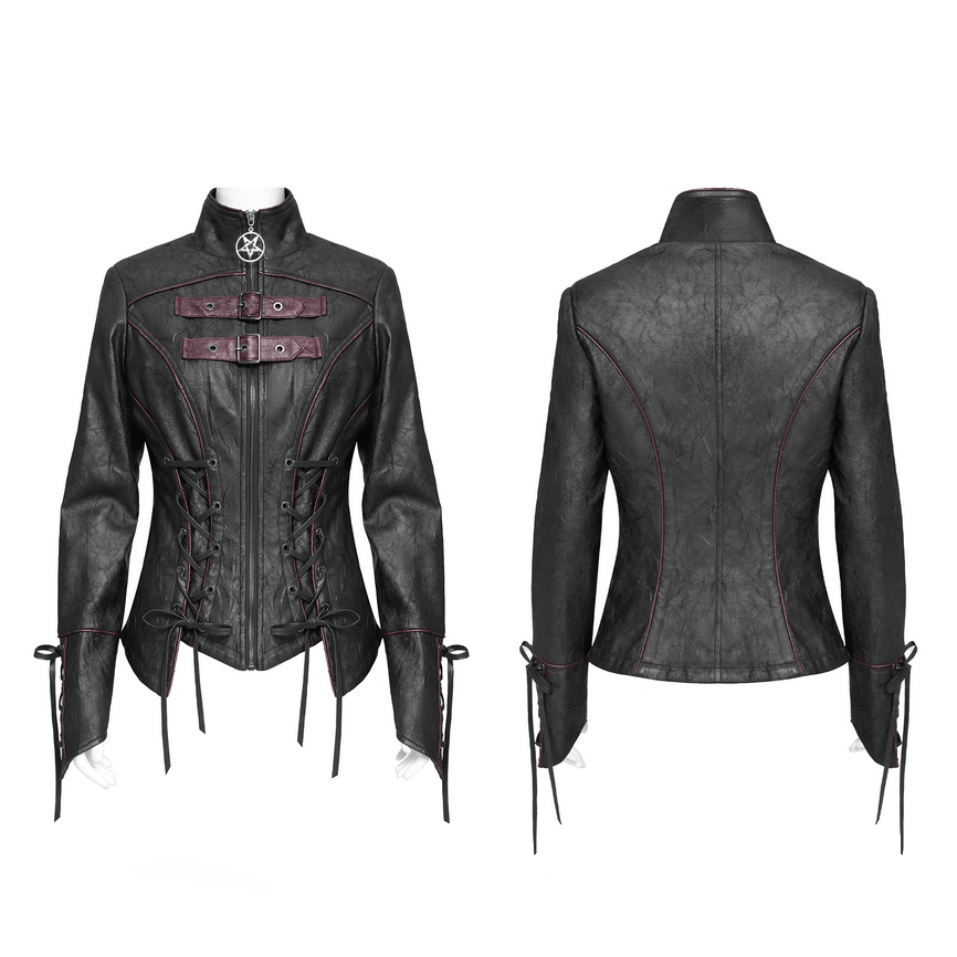 Gothic Black Faux Leather Jacket with Buckles and Lacing