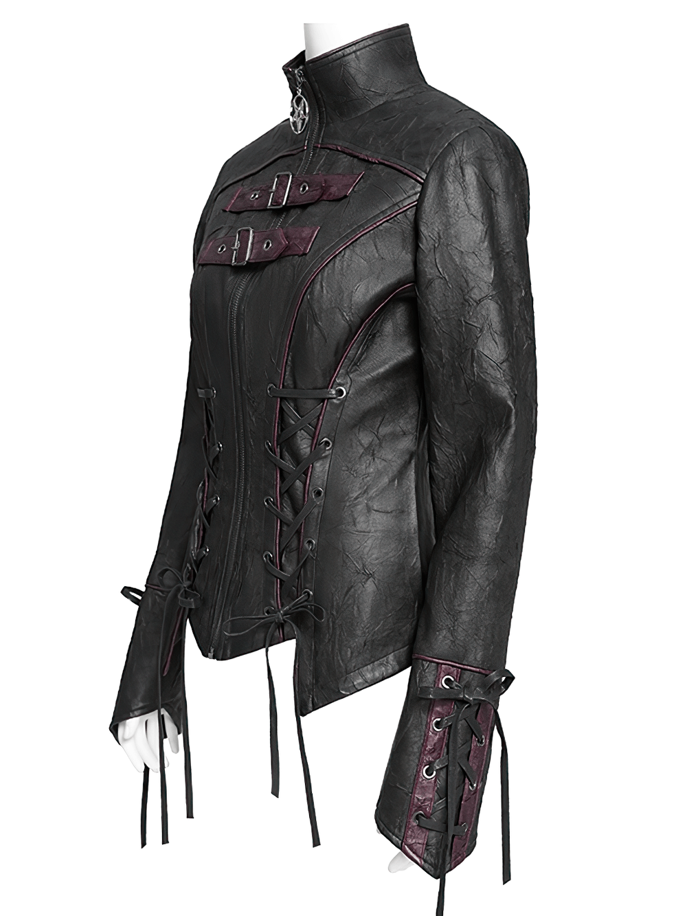 Gothic Black Faux Leather Jacket with Buckles and Lacing
