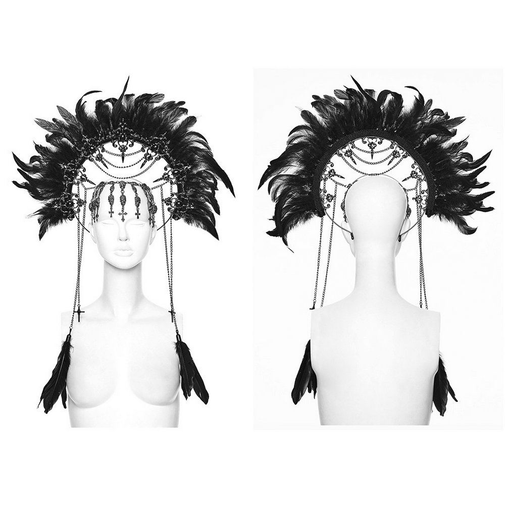 Gothic Black Feather Halo Headdress with Chains