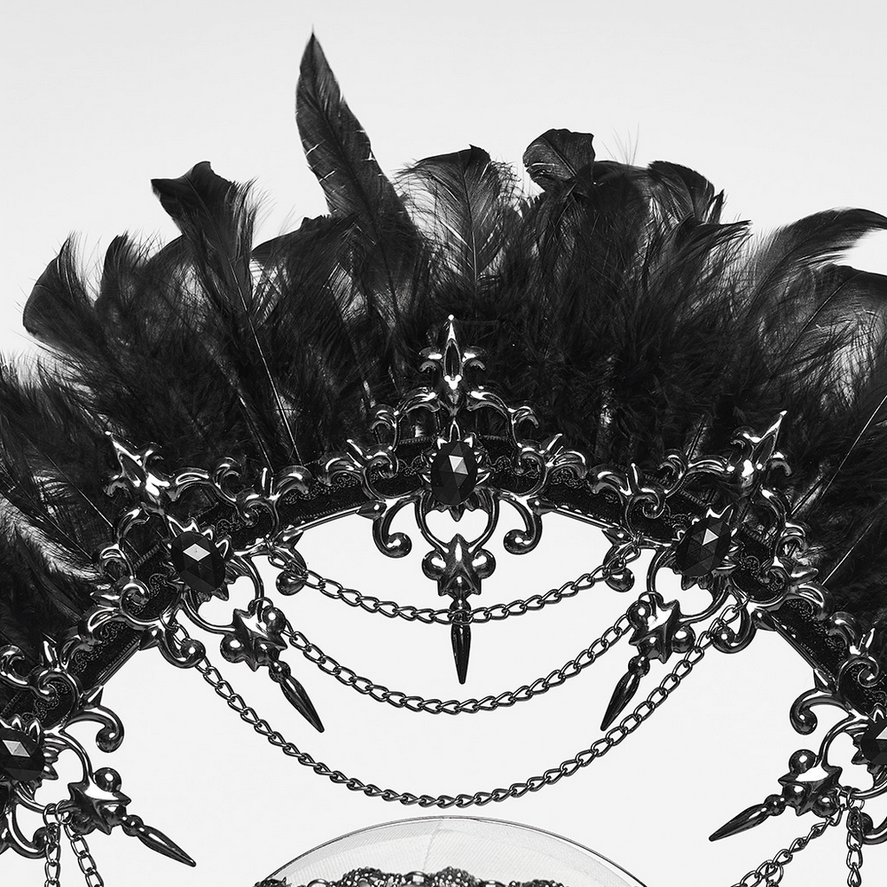Gothic Black Feather Halo Headdress with Chains