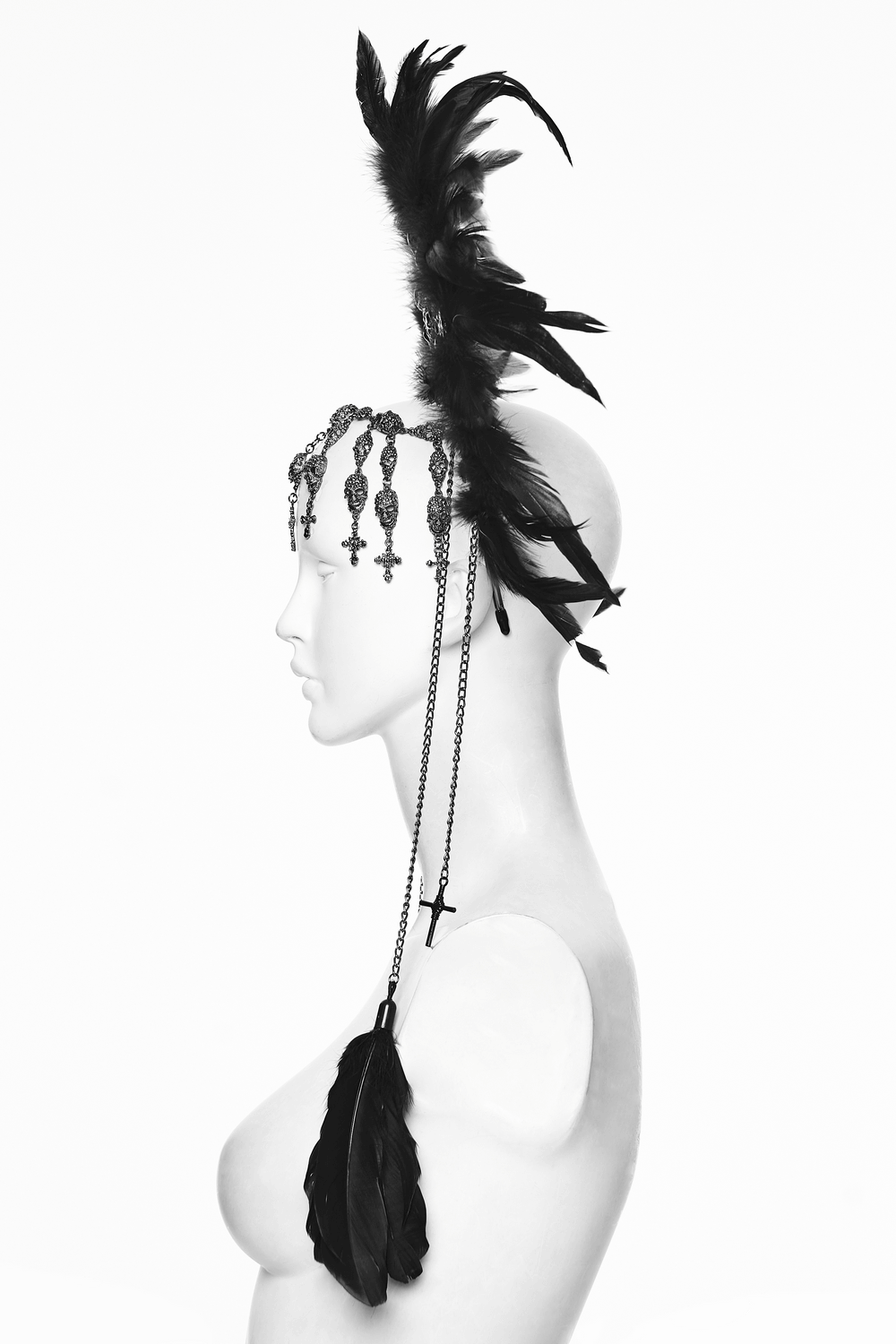 Gothic Black Feather Halo Headdress with Chains