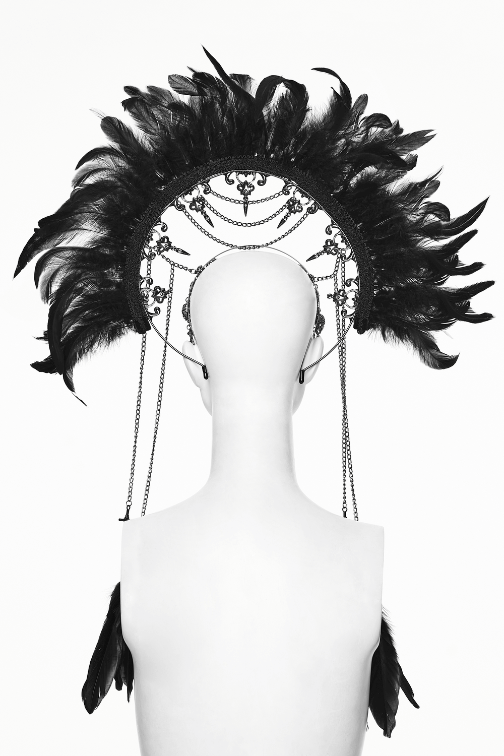 Gothic Black Feather Halo Headdress with Chains