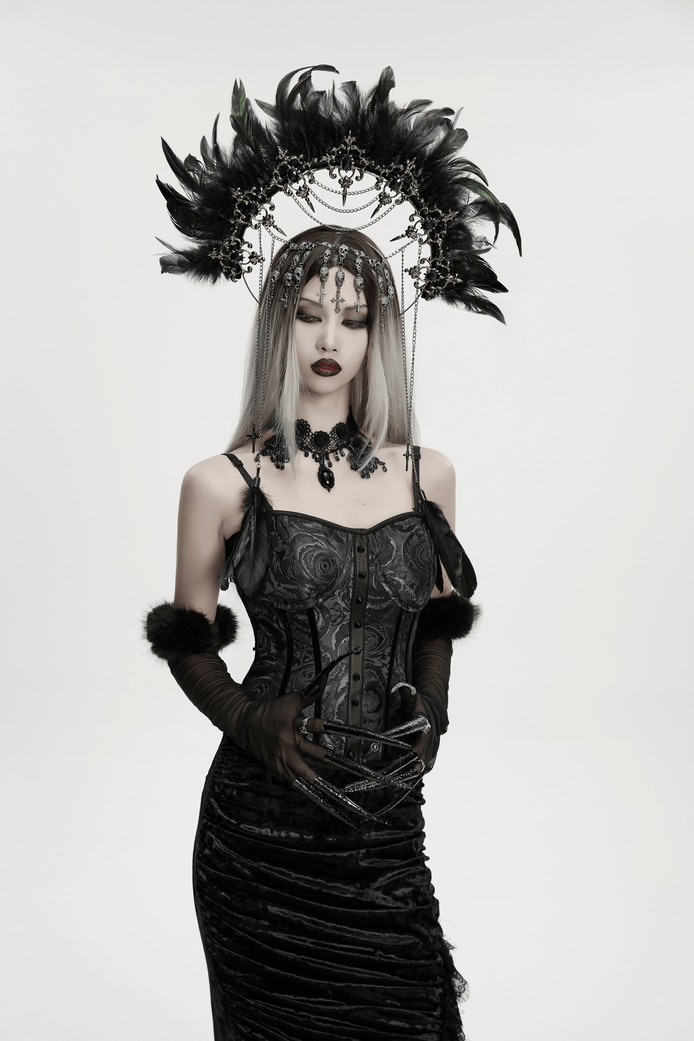 Gothic Black Feather Halo Headdress with Chains