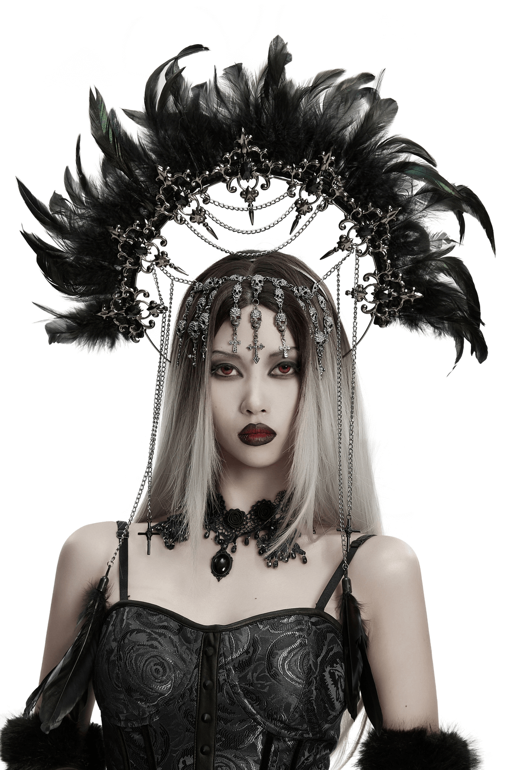 Gothic Black Feather Halo Headdress with Chains